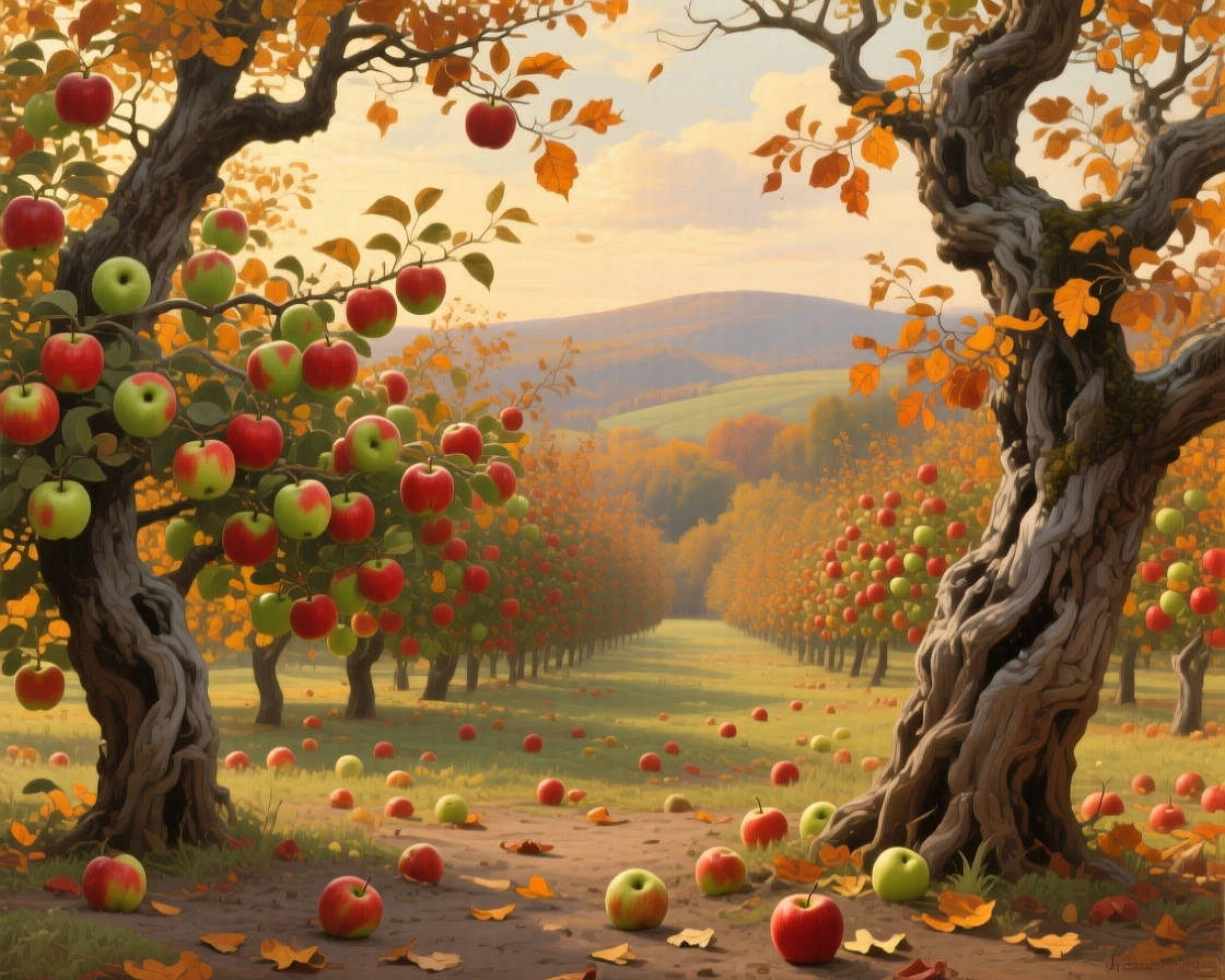 An apple orchard heavy with ripe fruit under warm autumn light, framed by ancient weathered trees on either side, radiating tranquility and the timeless beauty of the natural world