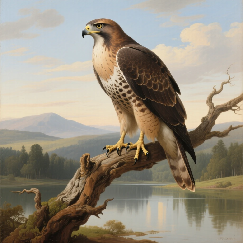 A hawk perched regally on a gnarled branch overlooking the valley in a fleeting instant of natural beauty rarely witnessed, set beside a still lake reflecting a painterly sky, with distant mountains or forests fading softly into the horizon; the composition balances raw power with graceful, natural stillness, radiating peace, freedom, and untamed beauty.