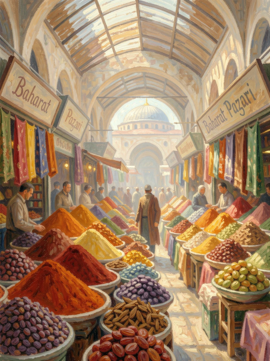 A bustling Istanbul spice market with towering pyramids of colorful ground spices and dried fruit.