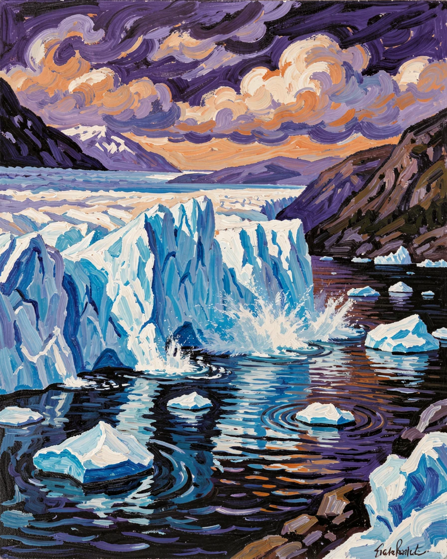 A glacier calving into a fjord, chunks of blue ice floating in dark still water.