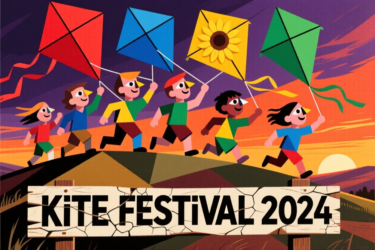 A group of children flying colorful kites on a windy hillside at sunset.