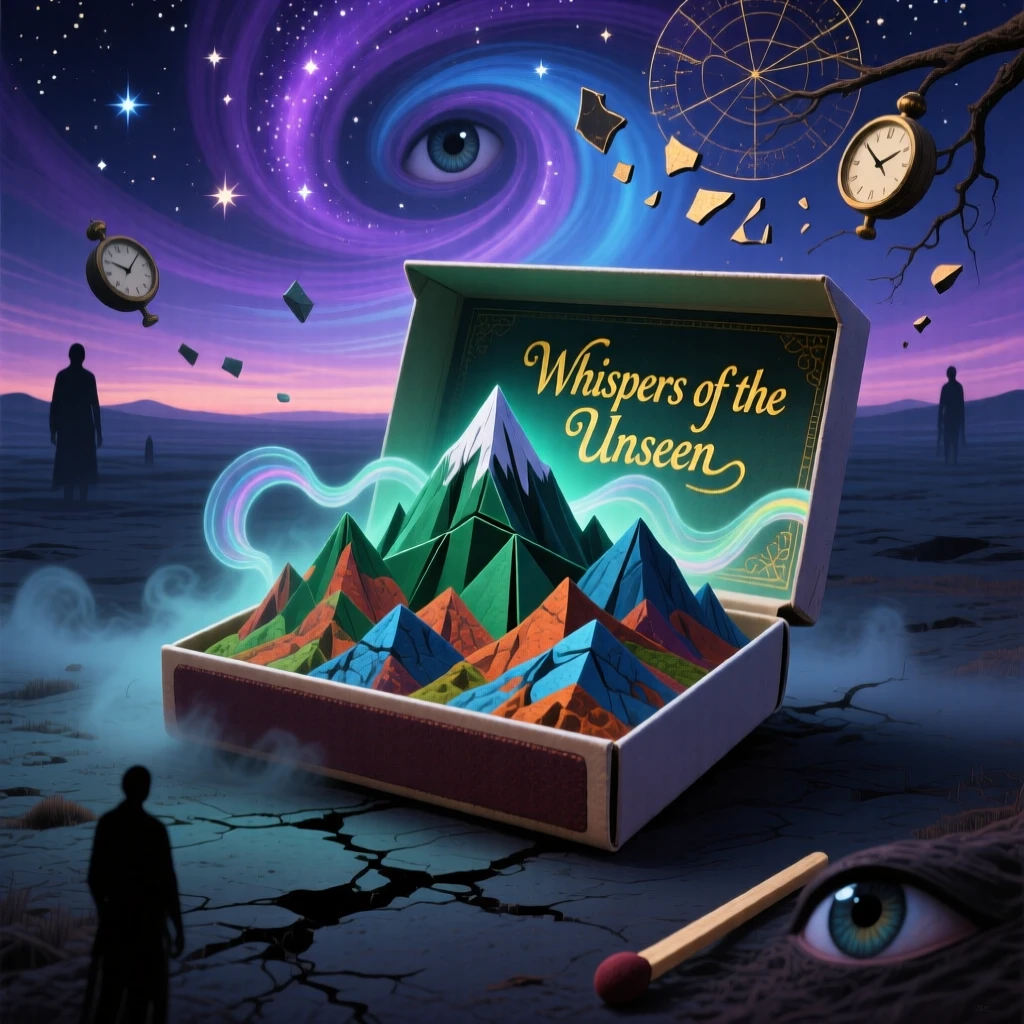 A whole mountain range folded neatly inside a matchbox glows faintly from within, unnoticed by the world outside, as a soft hum of unseen life drifts outward.