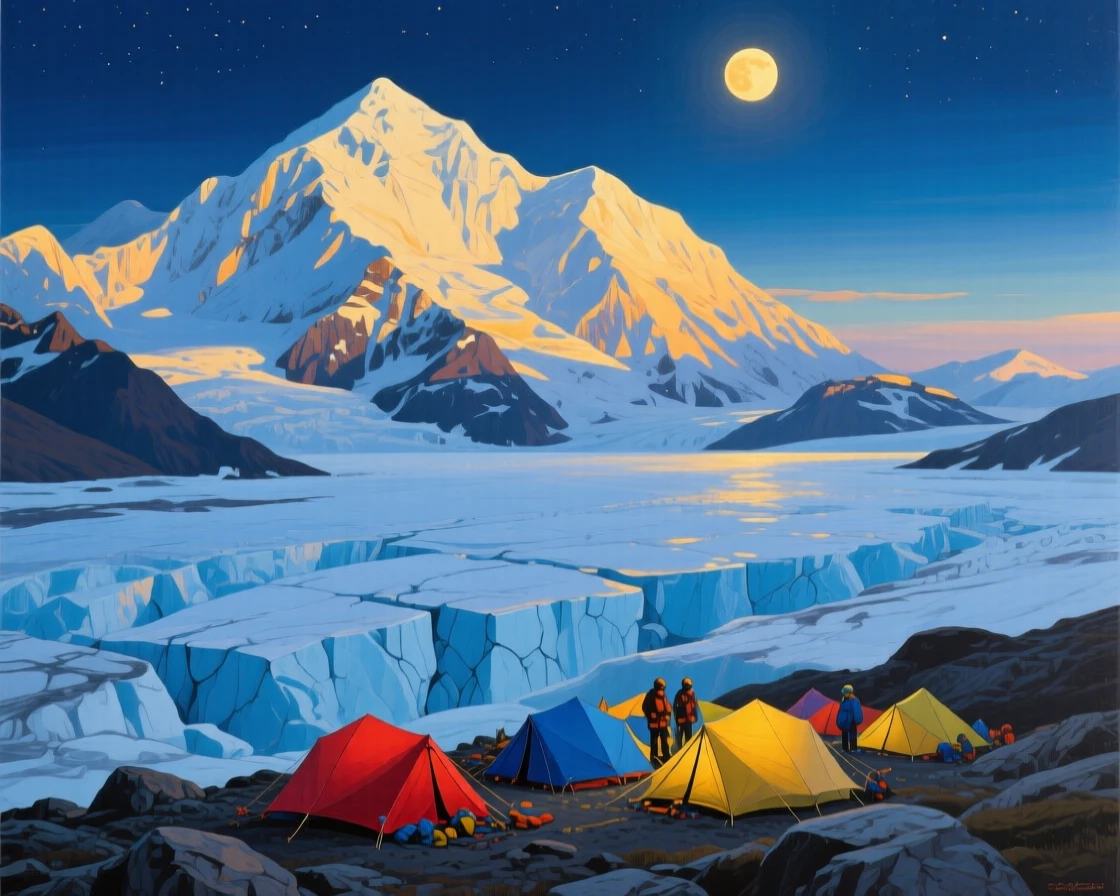 A dramatic wide shot of Denali at midnight during the arctic summer shows the sun hovering just above the horizon, casting long golden light across the glacier and a distant climbers' camp of small tents.