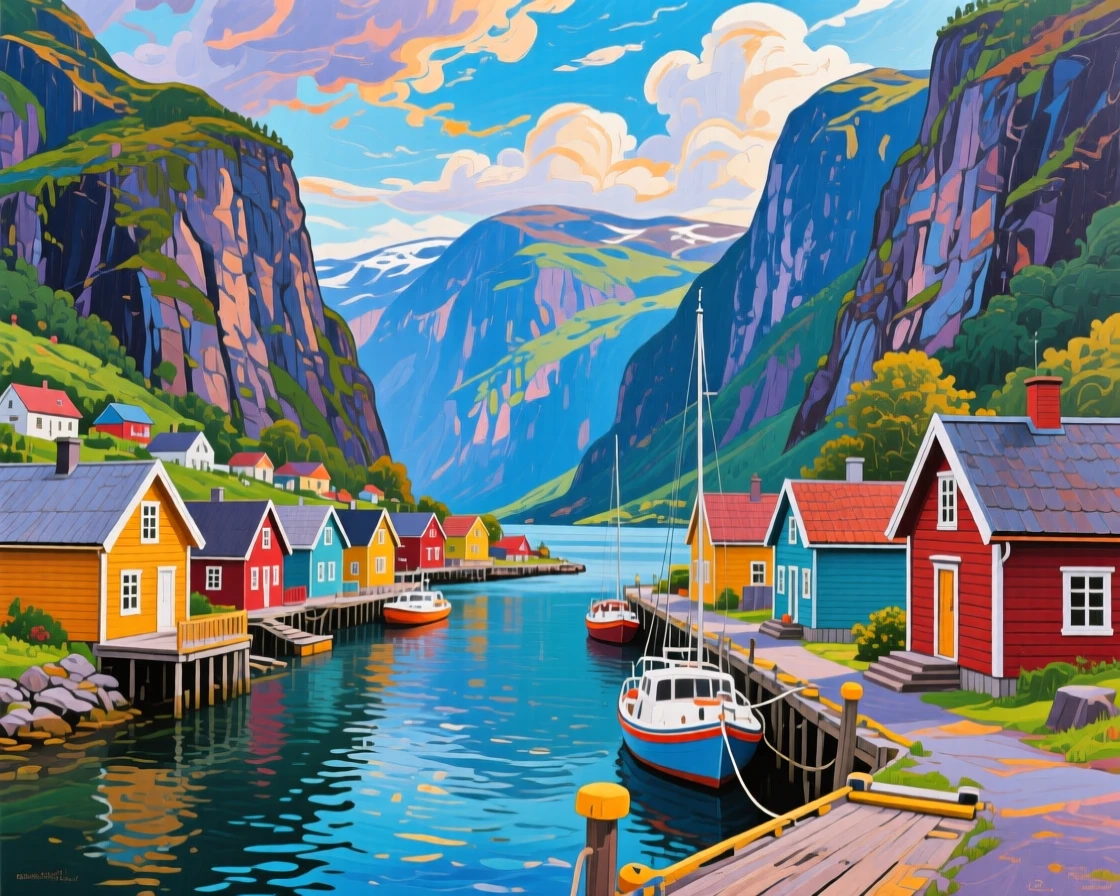 A dramatic fjord village nestled between towering cliffs, colorful wooden houses lining a narrow harbor