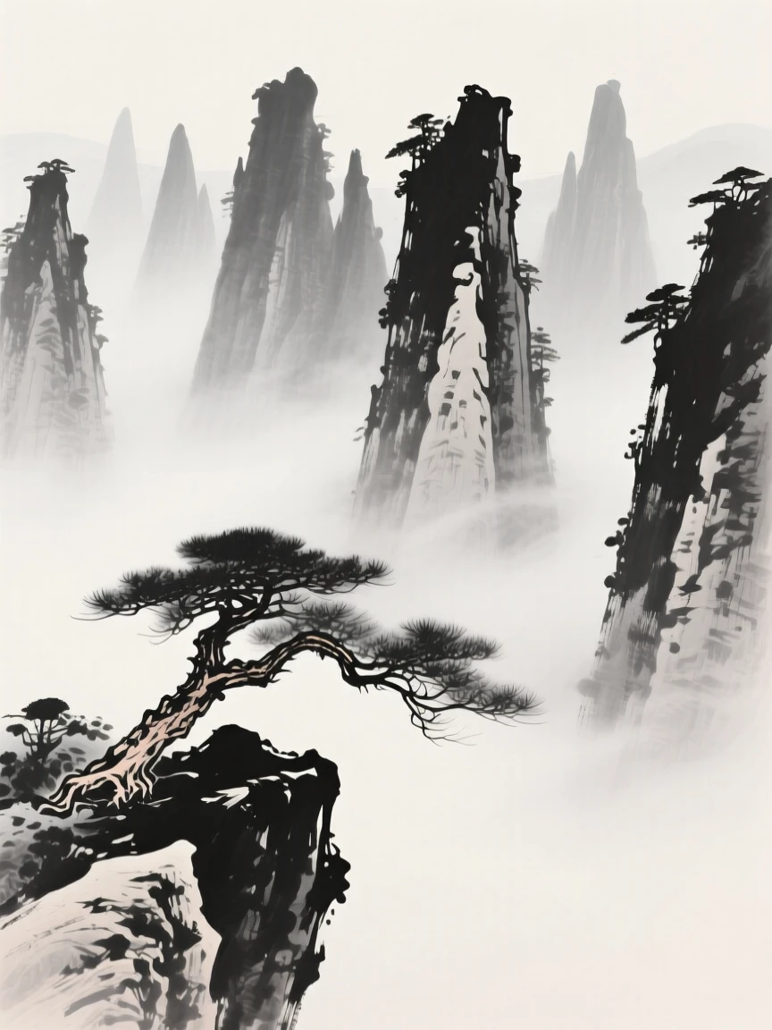 a cluster of karst pinnacles, emerging from morning haze, with a lone pine clinging to a rocky outcrop.