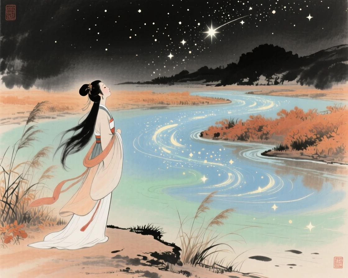 The weaver girl gazing across a river of stars toward her distant love, in late autumn, suffused with quiet joy.
