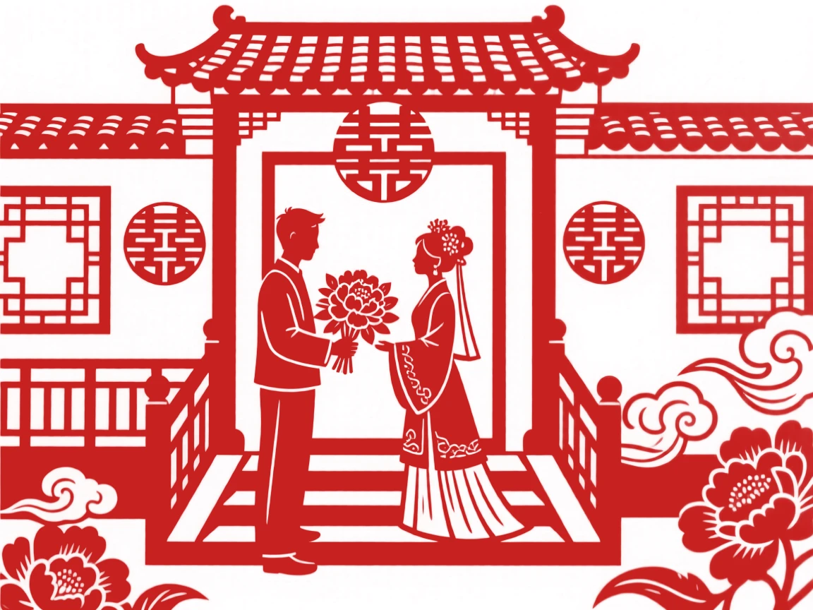 A groom presenting a bouquet of peonies to his bride on the steps of her family home