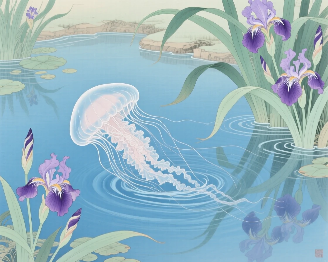 A jellyfish drifting in clear blue water in a garden pond surrounded by iris flowers