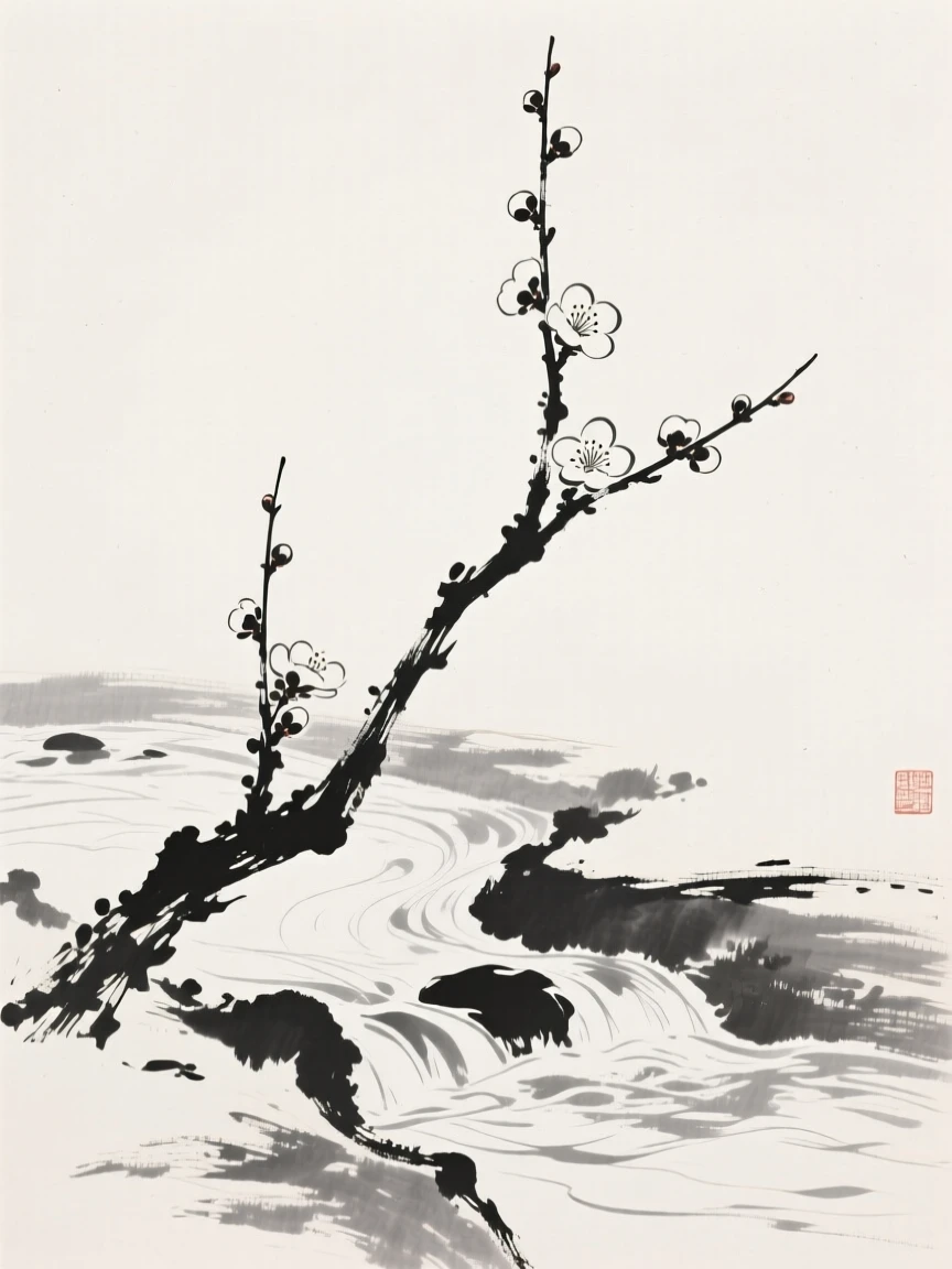 A single plum blossom branch along the bank of a slow-moving stream, composed with generous open space around it, suggesting patience, resilience, and quiet strength.