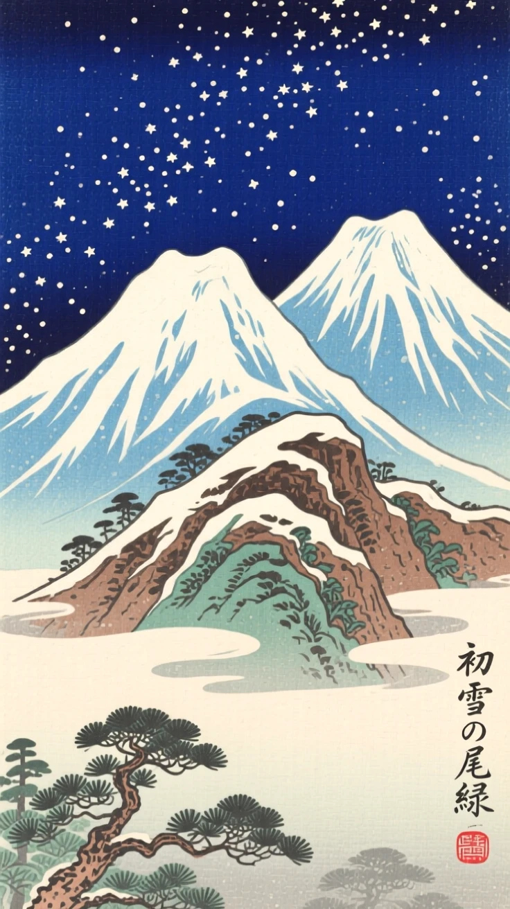 A twin-peaked ridge, dusted with the season's first snow, beneath a star-filled sky.