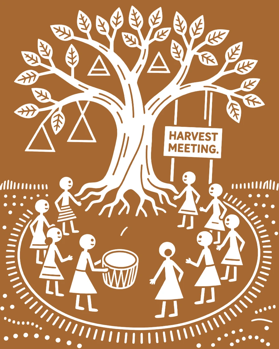 A village drummer forming a circle to discuss the harvest beneath a large banyan tree.