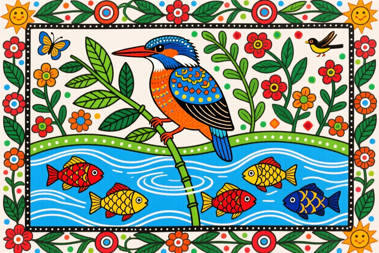 A kingfisher perched on a reed, watching fish move beneath still water.