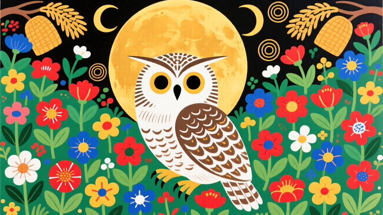 A snowy owl perched in a bed of wildflowers, under a full harvest moon.