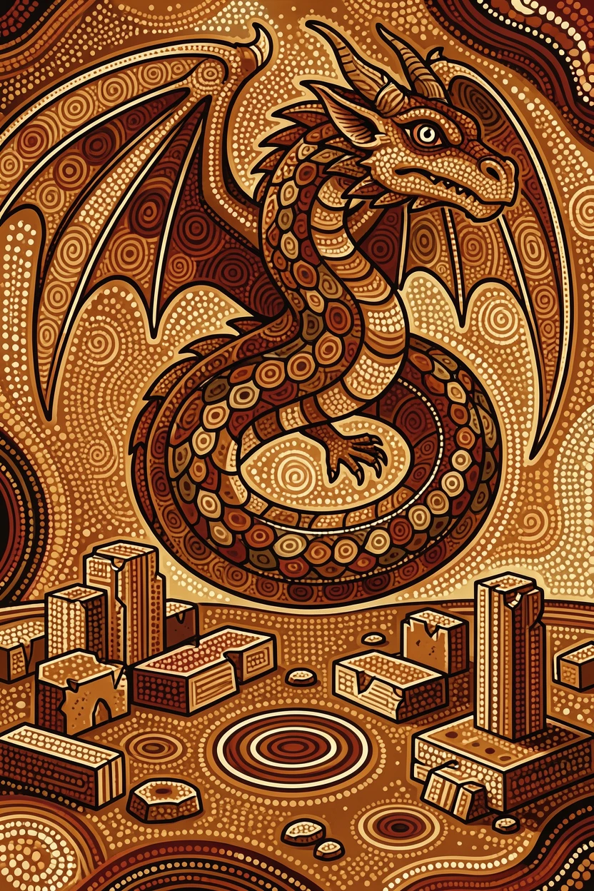 A guardian dragon rising above ancient ruins