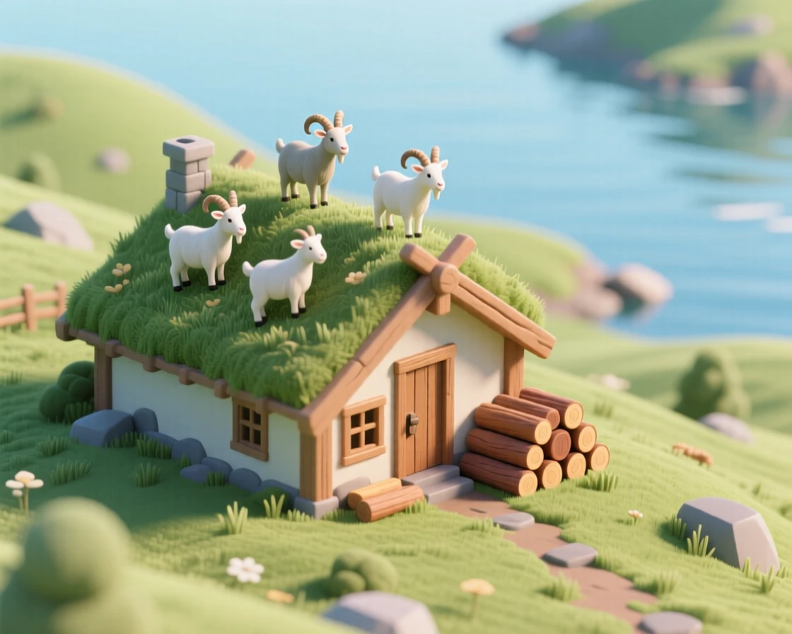 A Nordic turf-roofed house built into a grassy hillside, with grazing goats on the roof itself, a woodpile stacked by the door, and a fjord visible in the distance.