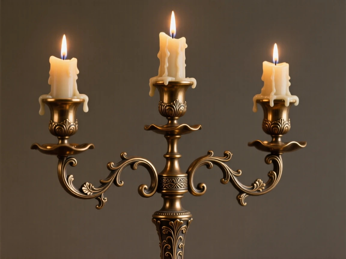 An elegant candelabra holding flickering candles, with delicate texture and fine ornamentation, radiating elegance and refinement