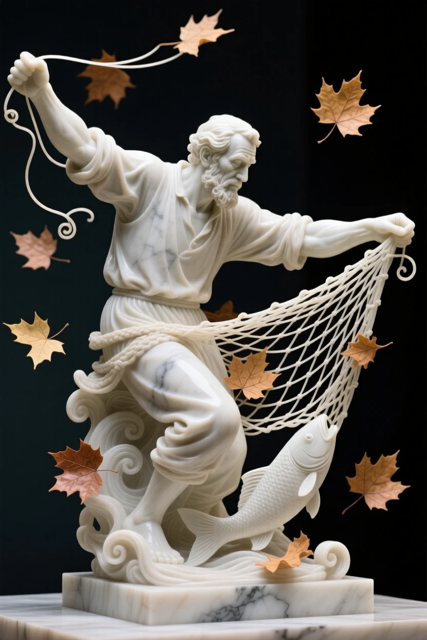 A close-up portrait of a fisherman mending his nets, twirling with arms outstretched, surrounded by drifting autumn leaves, radiating quiet emotion and dignity