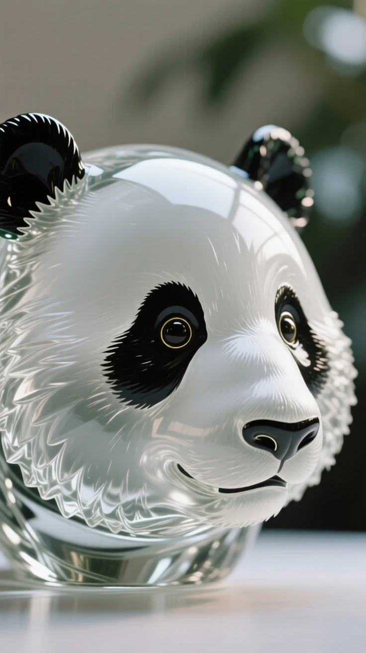 A close-up portrait of a giant panda, its eyes sharp and expressive, framed by soft bokeh foliage, radiating quiet dignity.