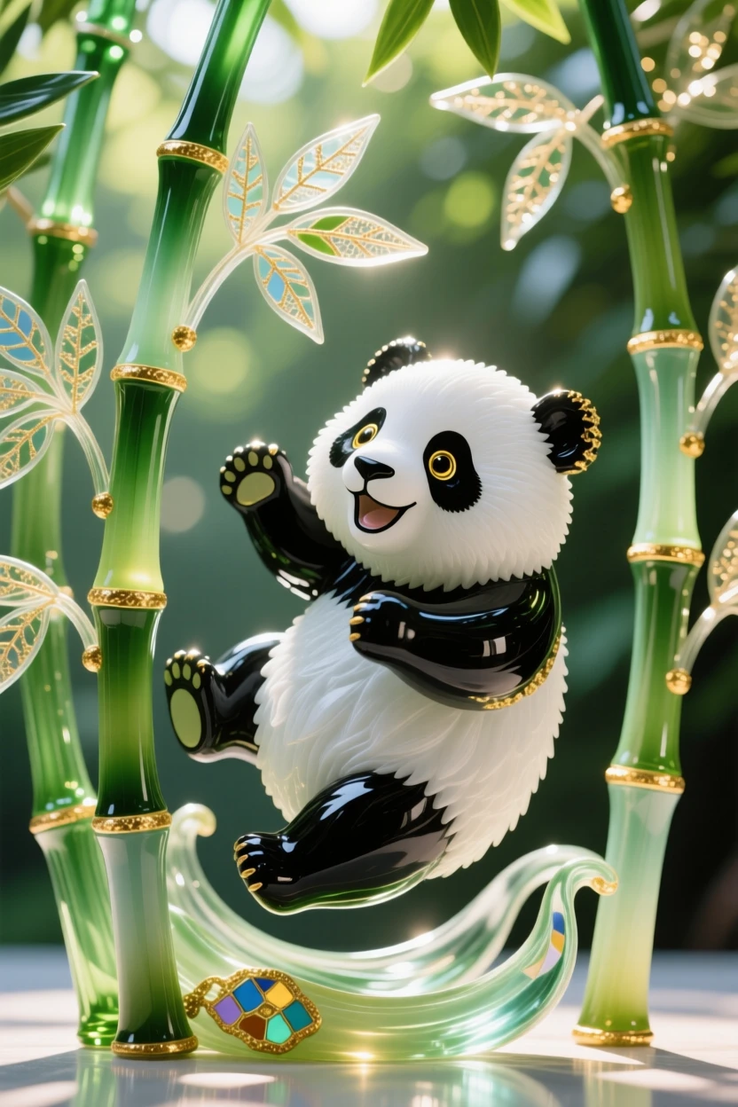 A panda cub tumbling playfully among bamboo stalks, joyful and endearing, sunlight streaming through the green canopy.