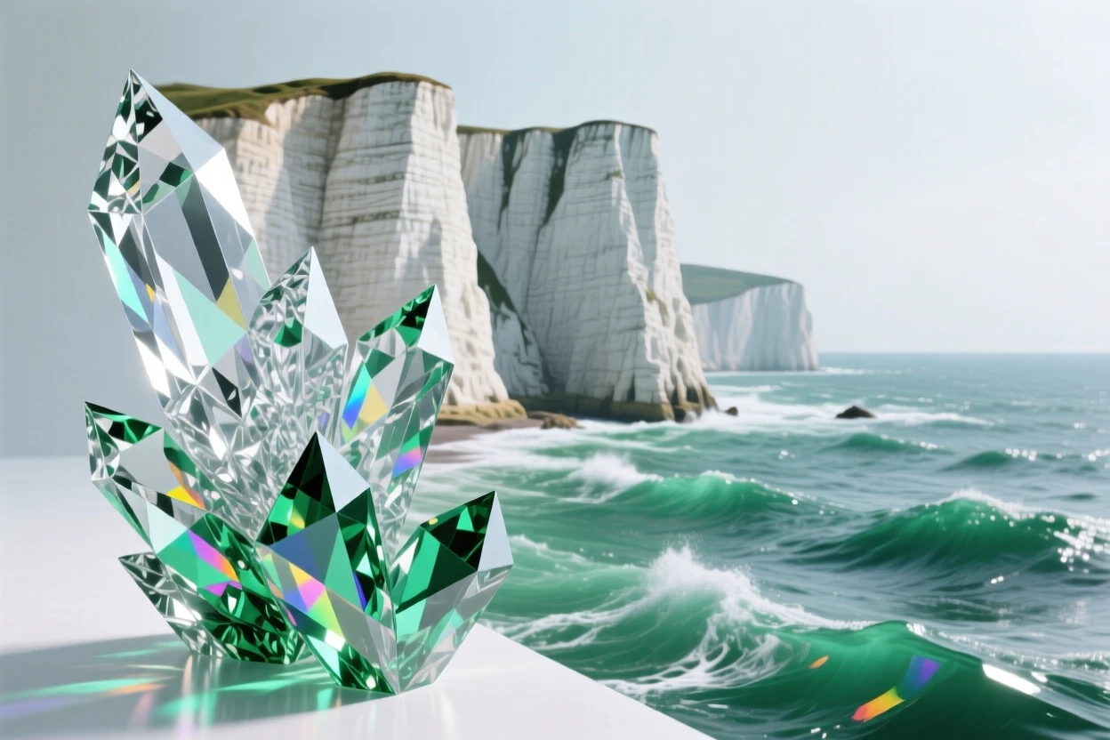 A dramatic coastline of chalk cliffs plunging into a churning emerald sea.
