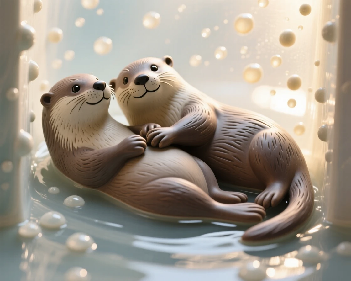 A pair of otters floating on their backs holding paws suspended in a shaft of filtered sunlight, dotted with tiny, glimmering droplets, radiating playful, gentle joy.