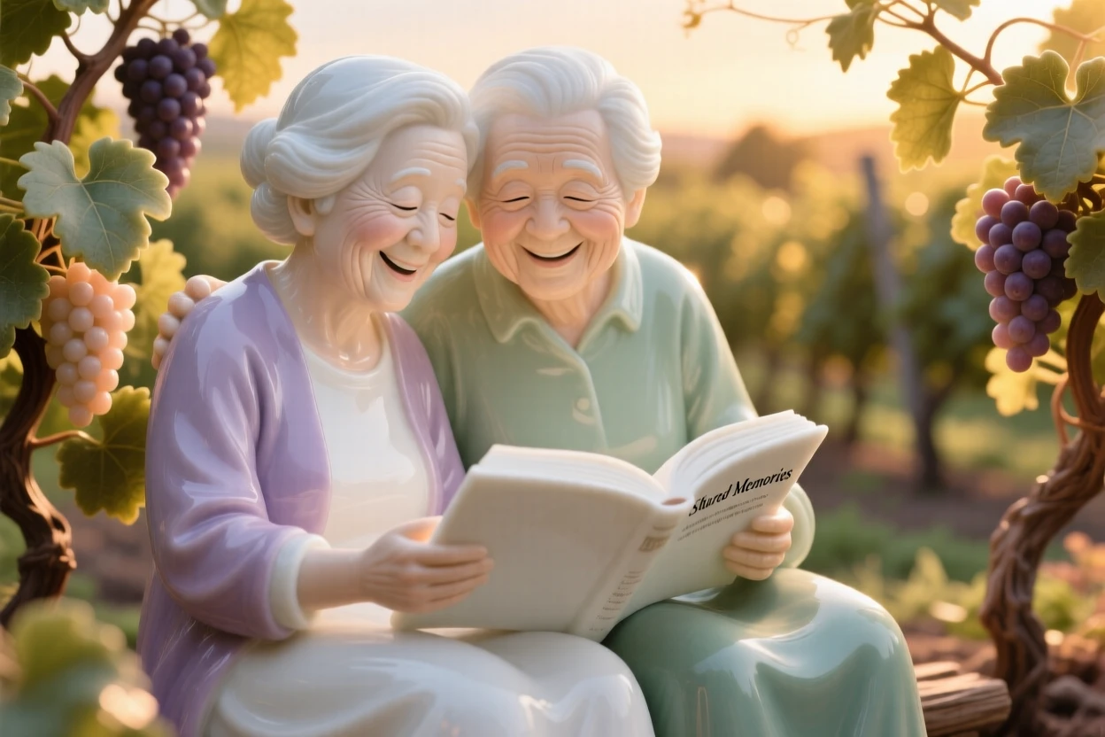 A tender scene of an elderly couple laughing together over a shared book in a vineyard at golden hour, her eyes closed in peaceful reflection.