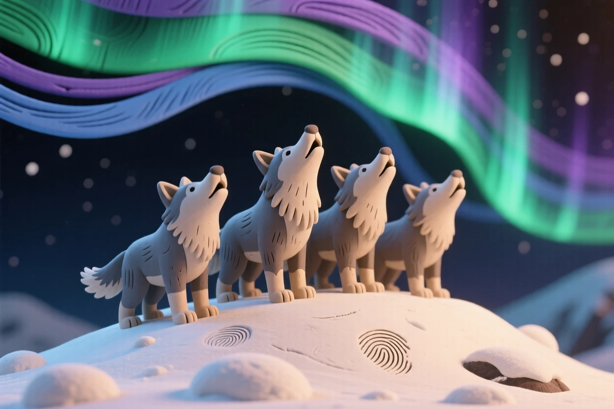 A pack of arctic wolves howling together atop a snowy ridge under the aurora