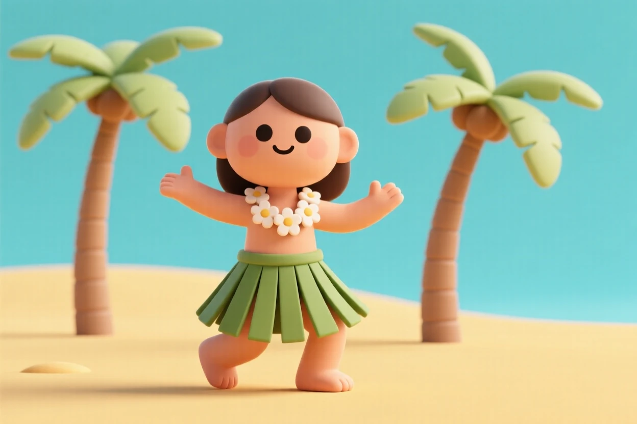 A Hawaiian hula dancer sways gracefully in a flower lei and grass skirt, palm trees swaying behind her on a golden beach.