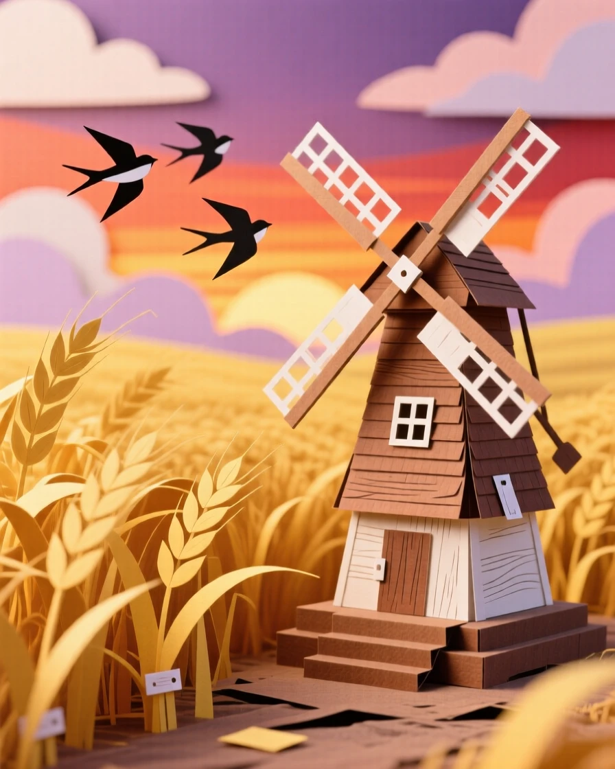 A golden wheat field rippling in the wind under a dramatic sunset, a rustic windmill standing at its edge, swallows flying low over the grain, capturing rural tranquility.