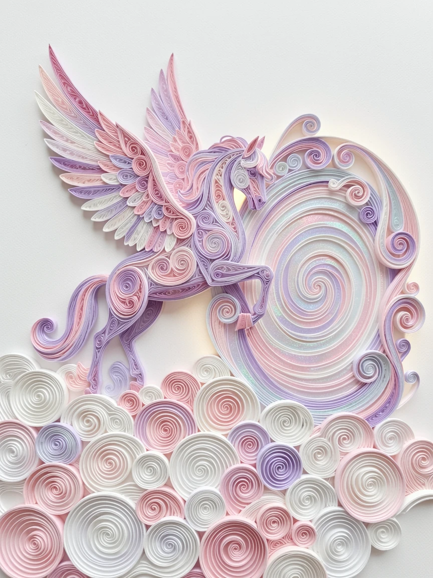A magical fantasy scene of a pegasus soaring above a sea of clouds beside a shimmering portal of swirling light, in dreamy pastel tones of lavender and rose, framed with a dreamlike glowing halo of light.