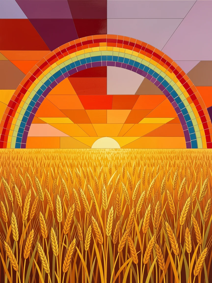 A golden wheat field stretching to the horizon beneath a dramatic sunset sky, illuminated by a dramatic double rainbow after rain.