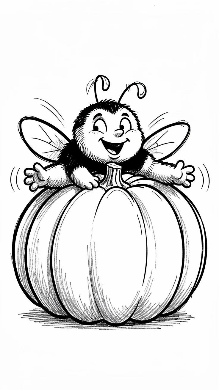 A plump bumblebee trying to hug a pumpkin twice its size.