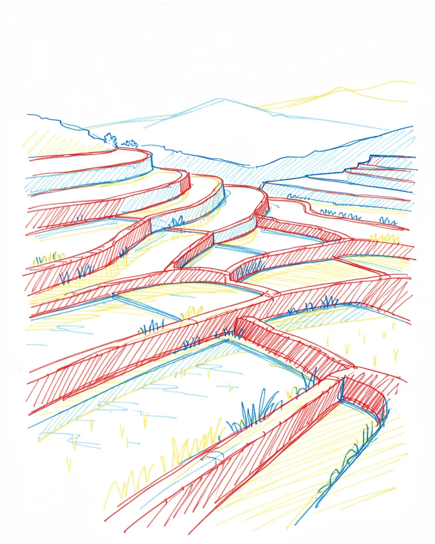 Terraced rice paddies cascading down a hillside, flooded fields mirroring the sky