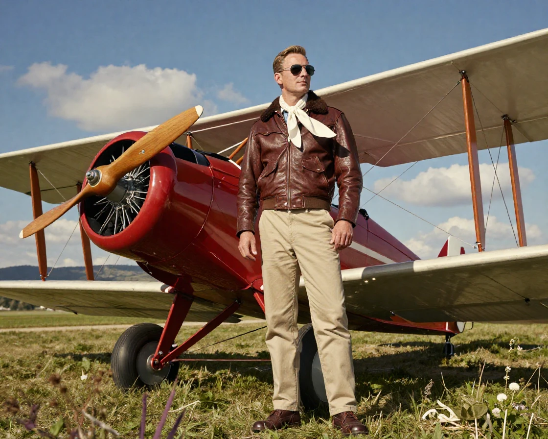 A pilot standing beside a vintage biplane