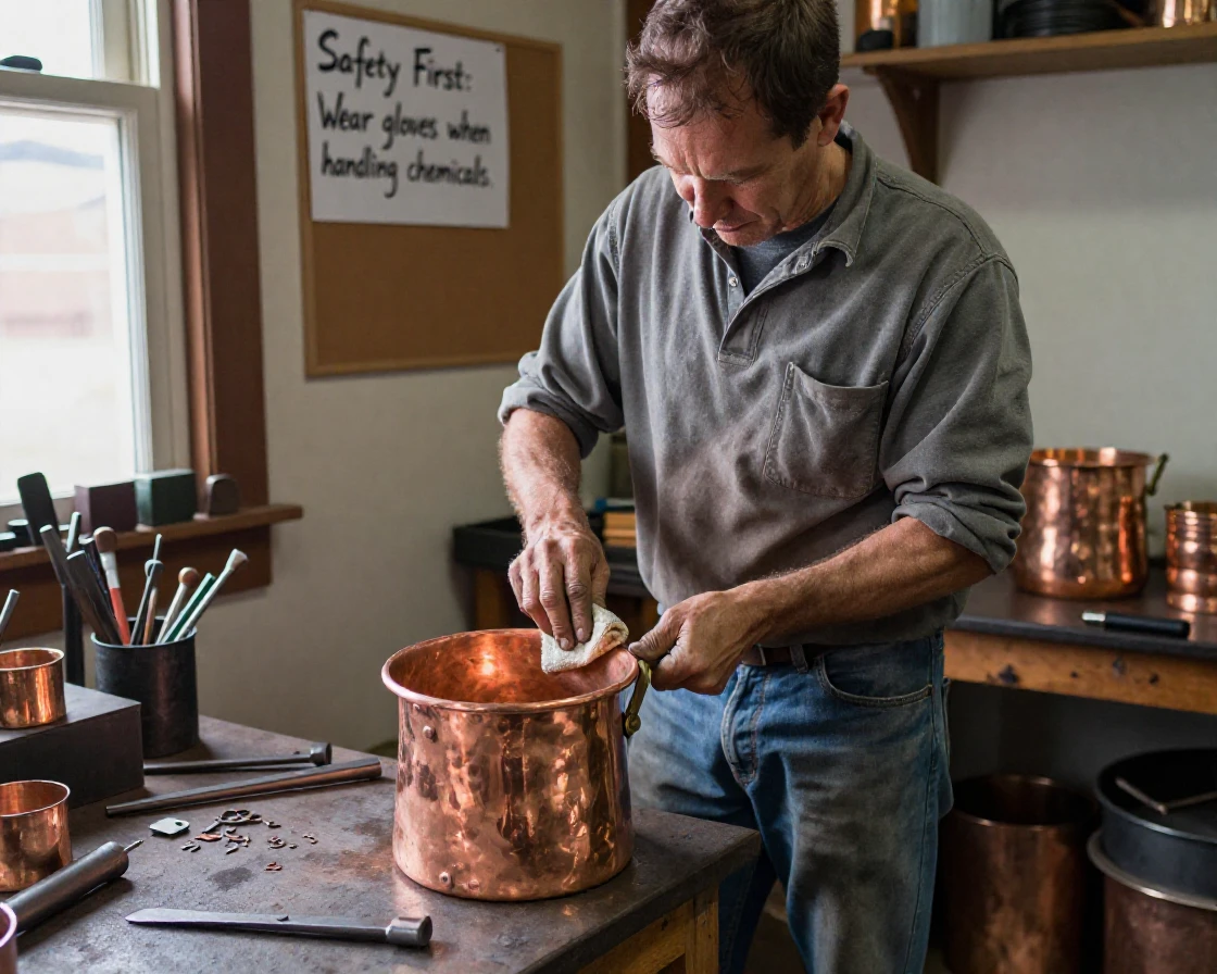 A metalworker polishes a finished copper pot until it gleams.