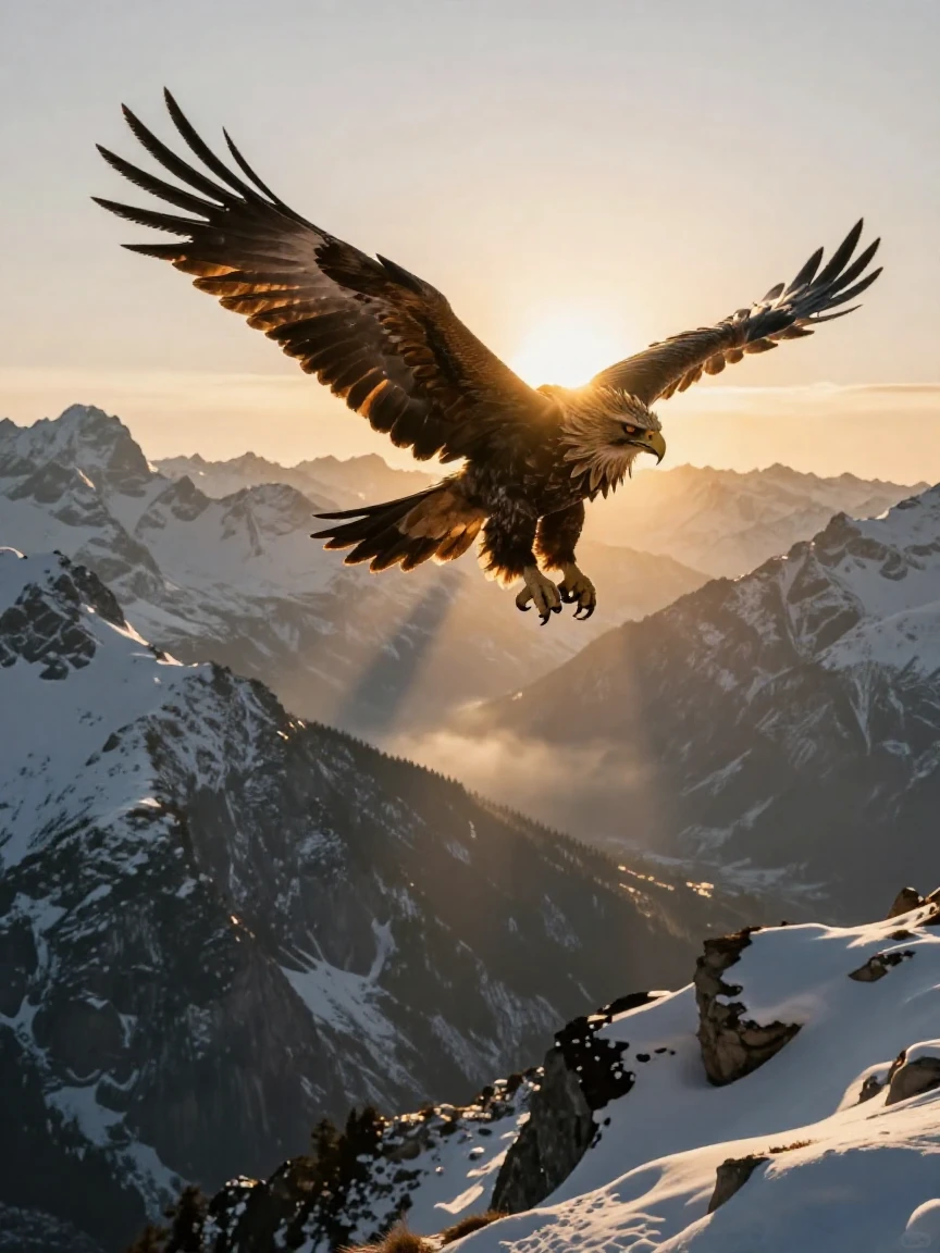 A griffin soaring above snow-capped mountains with the sun behind its wings