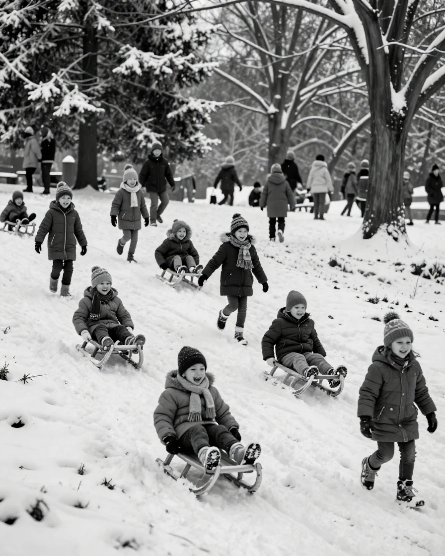 A sledding hill fills with laughing children in a snowy public park.