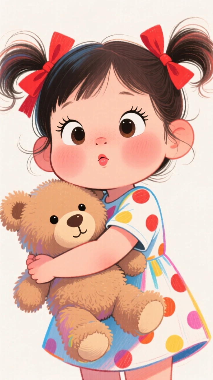 A little girl in pigtails hugging a stuffed teddy bear tightly, cheeks puffed out in a pout.