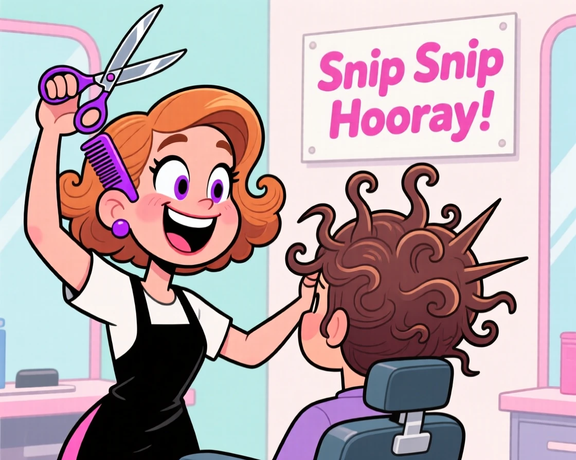 A charming portrait of a bubbly hairdresser mid-snip with scissors raised, comb tucked behind one ear, client's hair styled into a wild shape.