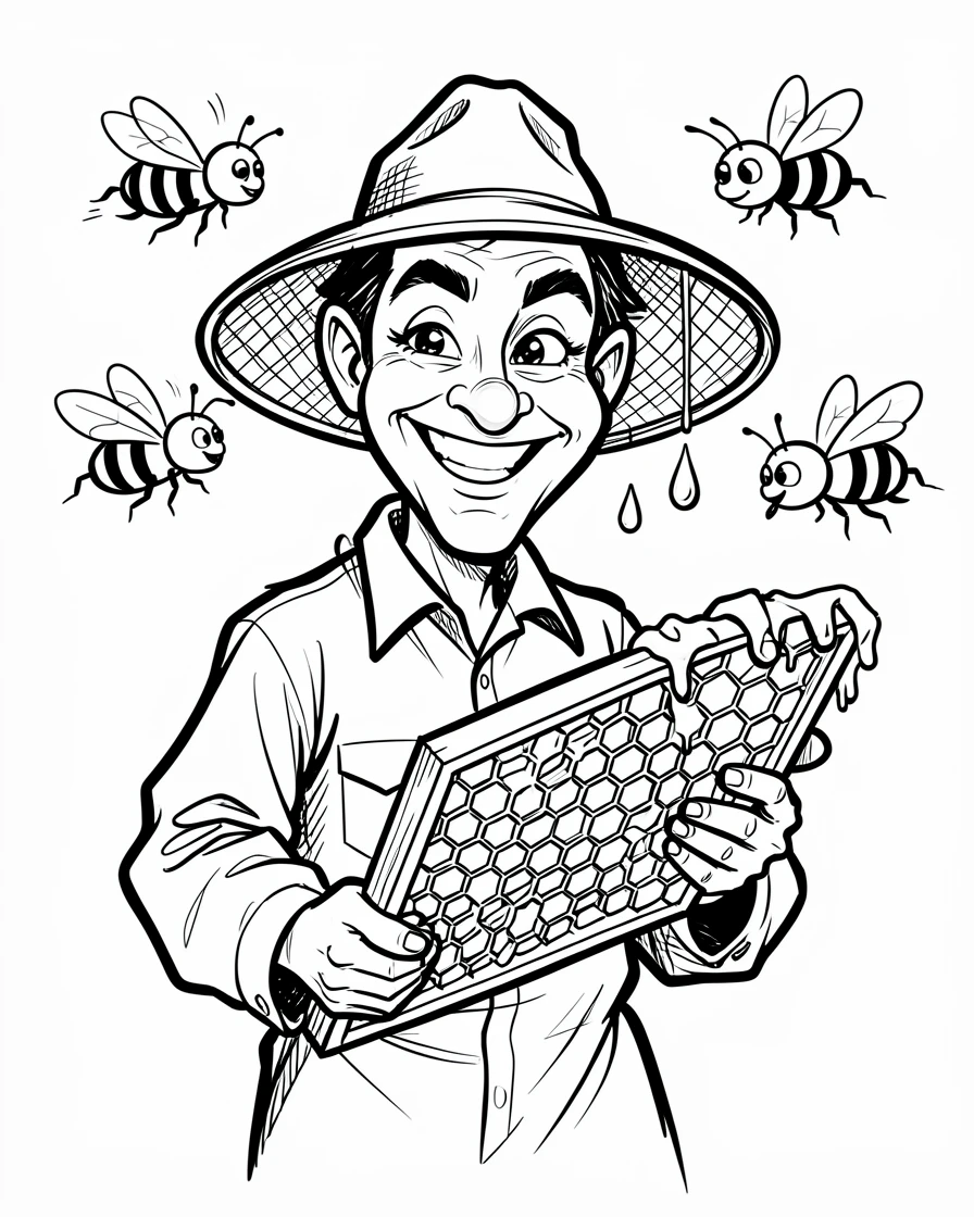 [People Portraits & Characters] Portrait of a proud beekeeper surrounded by buzzing bees and holding a honeycomb frame, full of personality and charm
