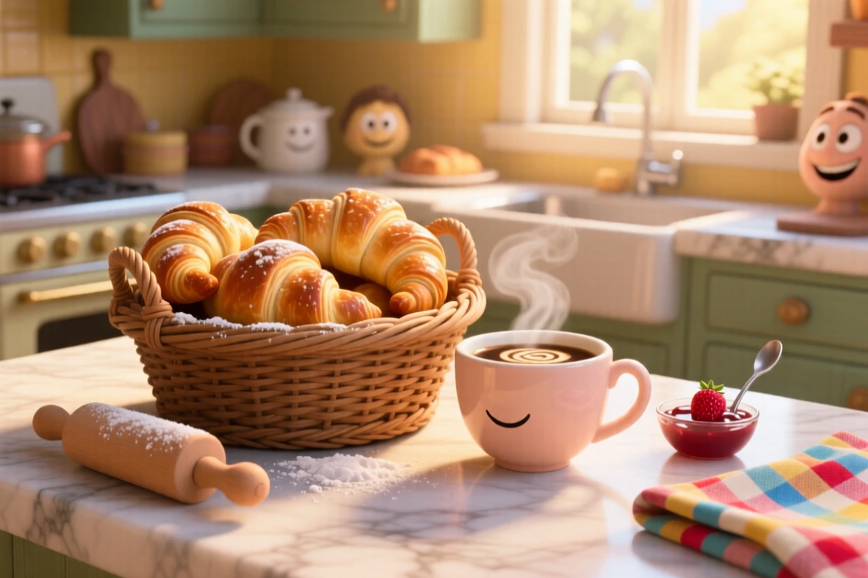 A basket of warm buttery croissants sits on a marble kitchen counter dusted with flour, next to a steaming cup of coffee. The mood is festive and appetizing.