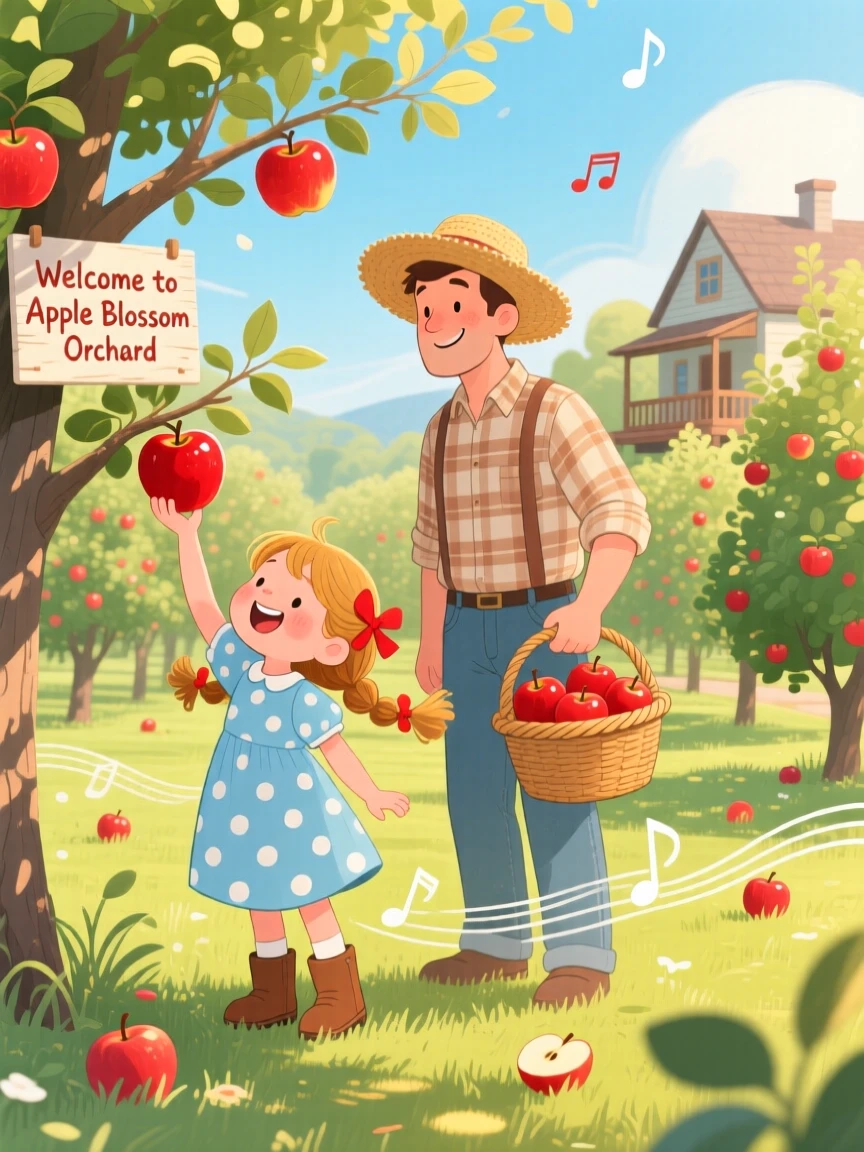 With his father close by, a small girl with pigtails is picking apples in an orchard, with laughter echoing through the yard.