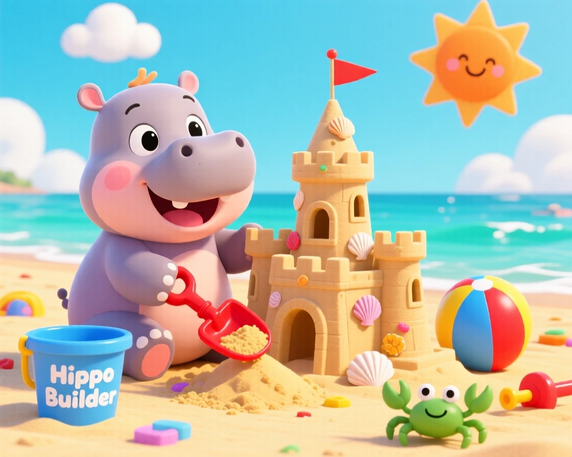 A baby hippo building a sandcastle on the beach.