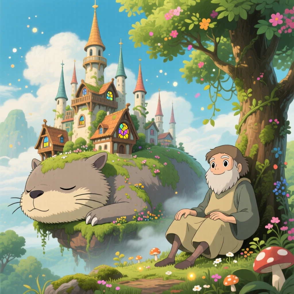 A city of spires built on the back of a giant sleeping creature, where a gentle giant resting among the treetops can be seen nearby, the atmosphere whimsical and joyful.