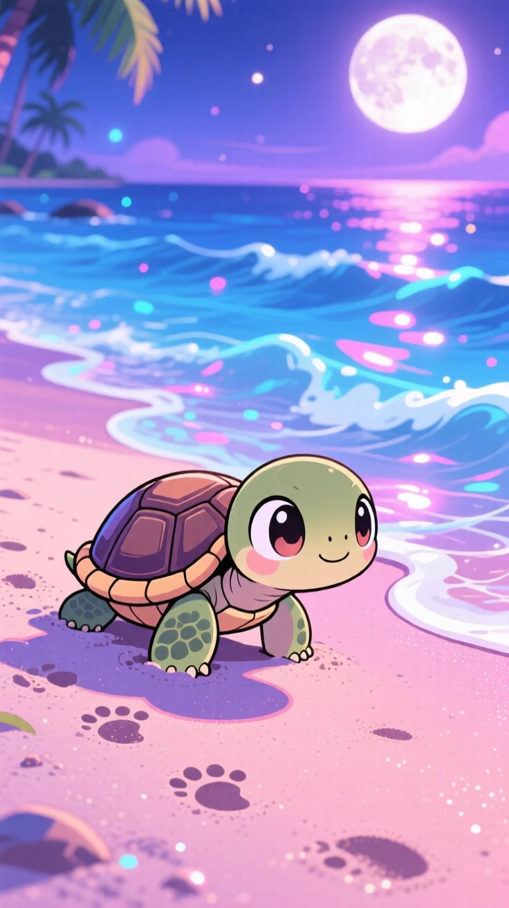 Over-the-shoulder view of a tiny turtle hatchling, crawling determinedly toward the shoreline, in a moonlit sandy beach, on a warm tropical afternoon, illuminated by neon-lit glow, radiating wide-eyed wonder.