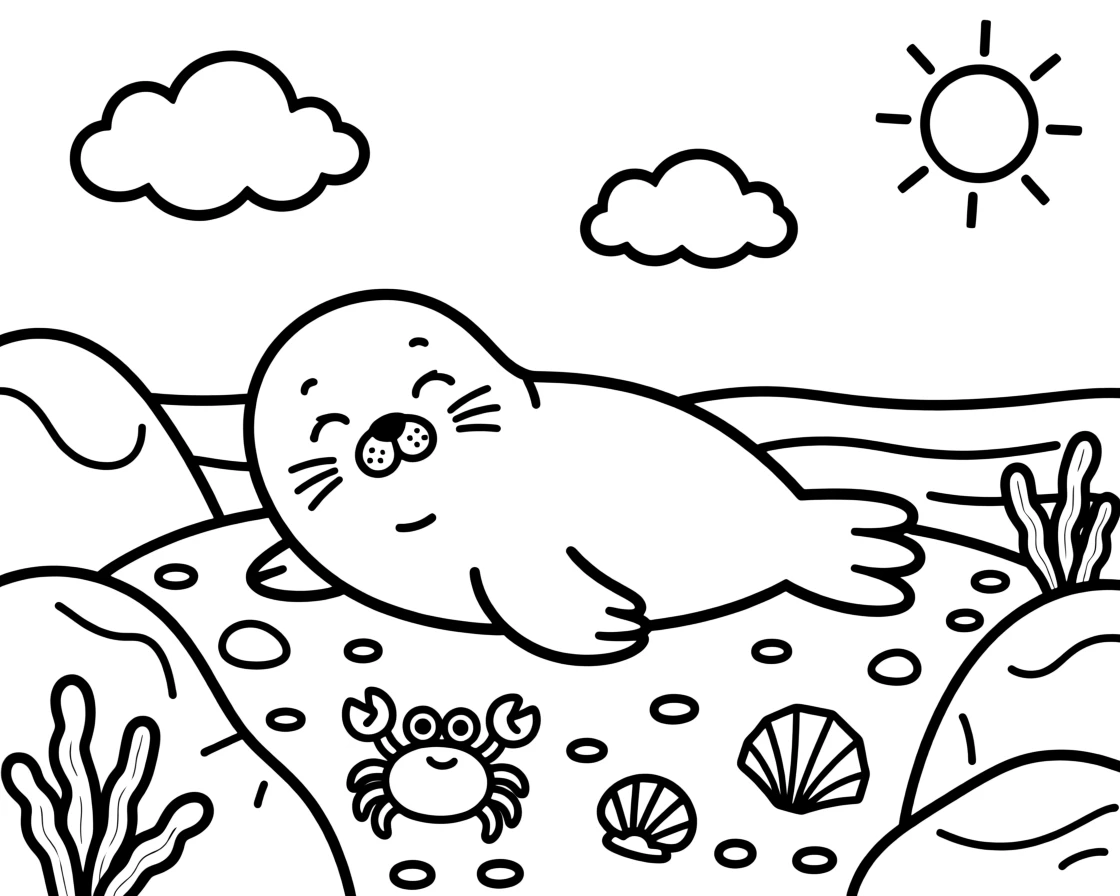 A baby seal sunbathing on a rocky shoreline