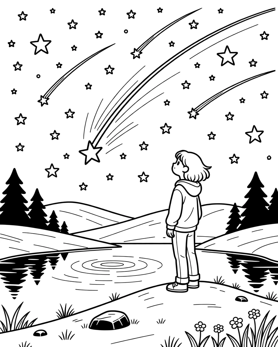 A meteor shower streaking across a night sky, with a trail of light marking its path through space.