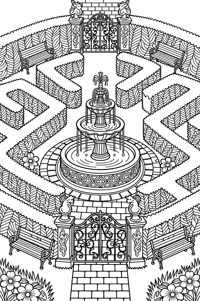 A hedge maze garden viewed from above, with a fountain at its center.