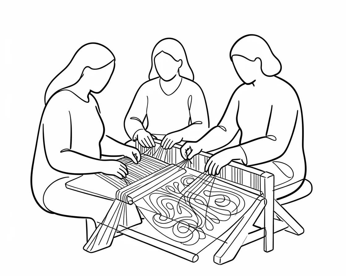A group of Peruvian weavers creating intricate textile patterns by hand