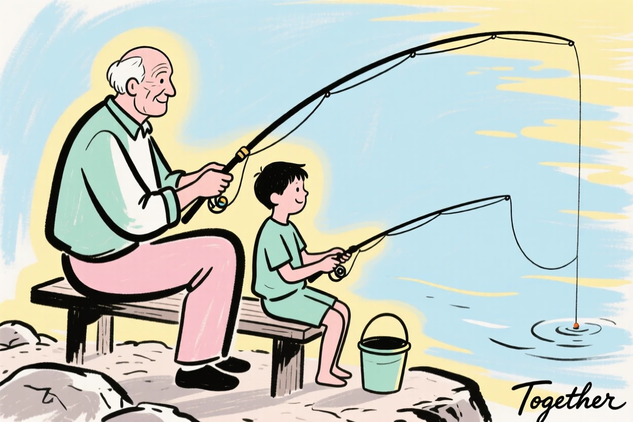 A grandfather fishing with his grandson